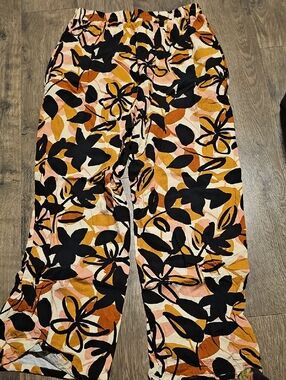 Tullea Black Mustard Blush Floral Wide Leg Pants Large Elastic Waist Women